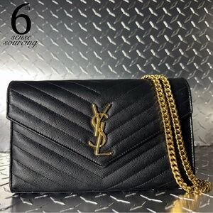 Saint Laurent YSL Classic Monogram Chevron Wallet on Chain in Black GHW